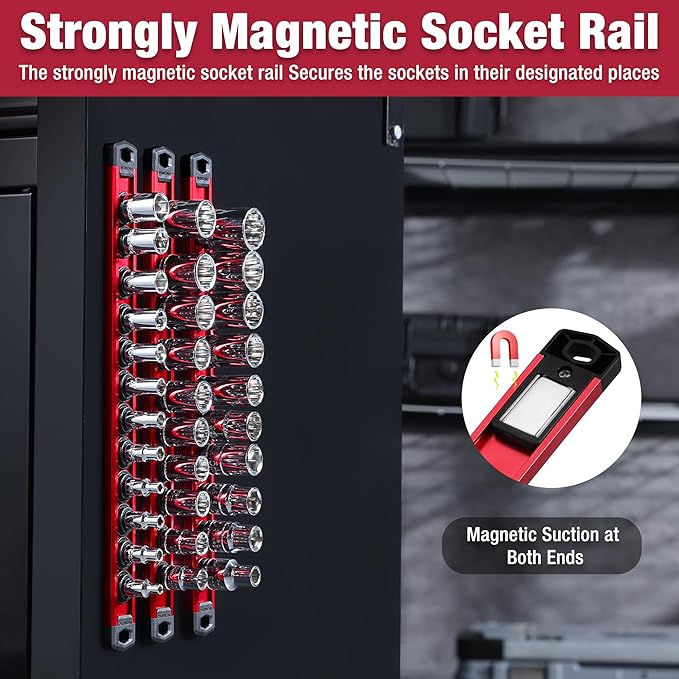 WORKPRO Magnetic Socket Organizer Set, 3-Piece Aluminum Alloy Socket Rail, Heavy Duty Socket Holder, Socket Rack Kit 1/4-Inch