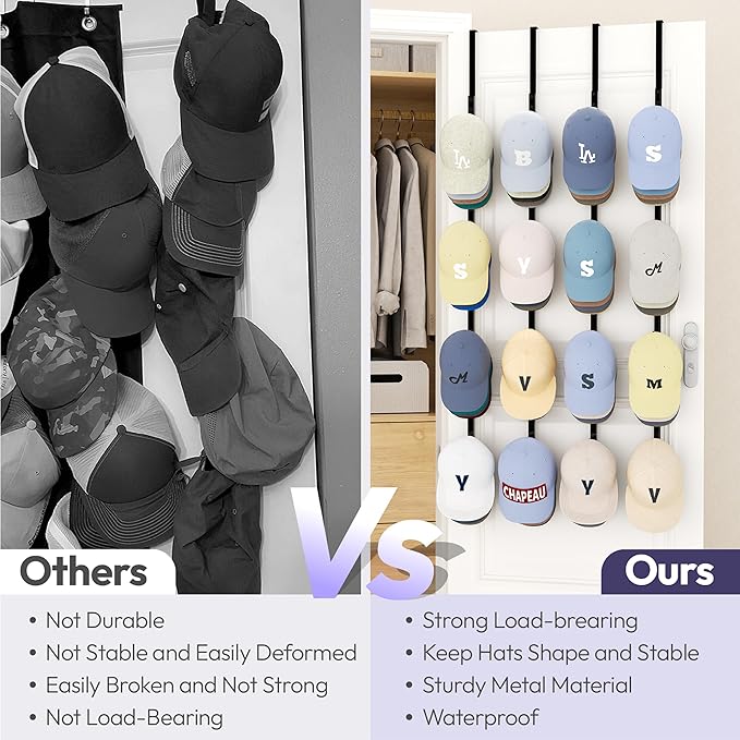SWTYMIKI Over Door Hat Rack - 4 Packs Metal Hanging Hat Organizer with 16 Hooks Design, Baseball Cap Hanger Organizer Storage