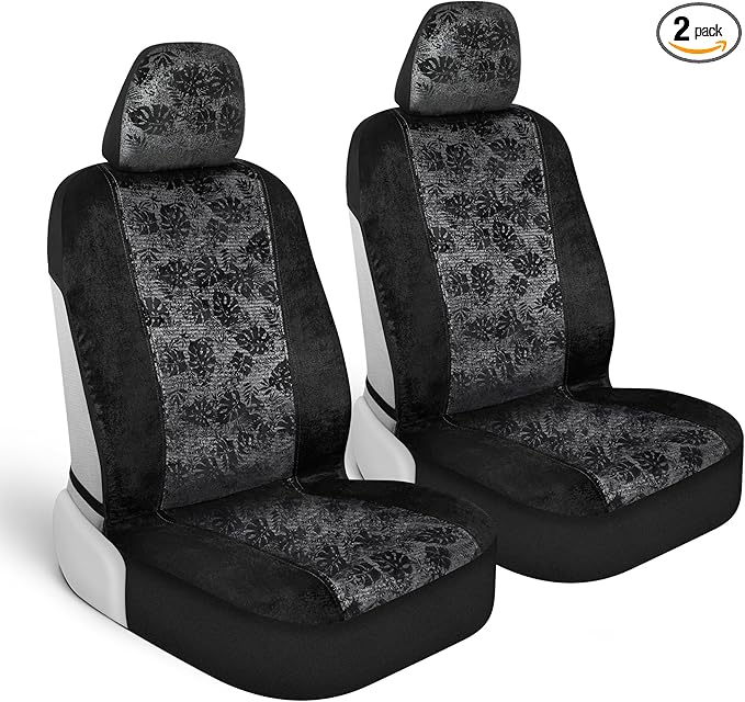 BDK Black Maui Car Seat Covers for Front Seats, 2 Pack – Tropical Pattern with Matching Headrest, Sideless Design for Easy In