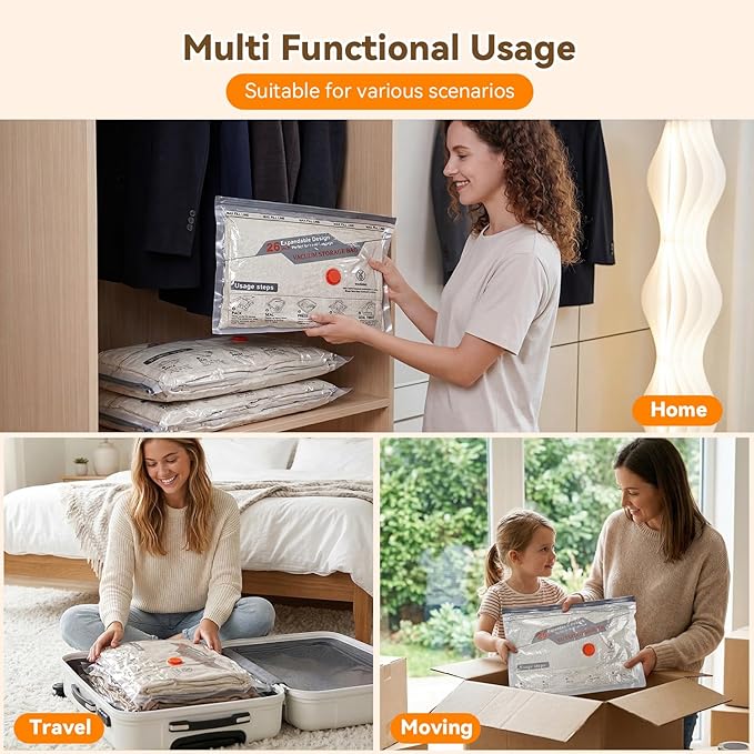 Vacuum Storage Bags for Travel with Rechargeable Air Pump, 12 Pack Space Saver Bags for Clothing, Luggage & Suitcase Compress