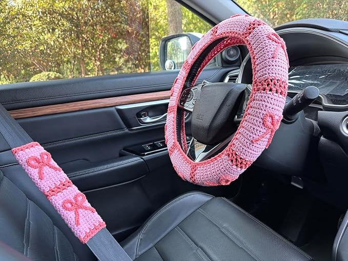 Handmade Crochet Pink Bow Car Steering Wheel Covers Universal 14-15 inch,Cute Steering Wheel Cover,Car Accessories (A,Steering Wheel Cover+2 Belt Cover)