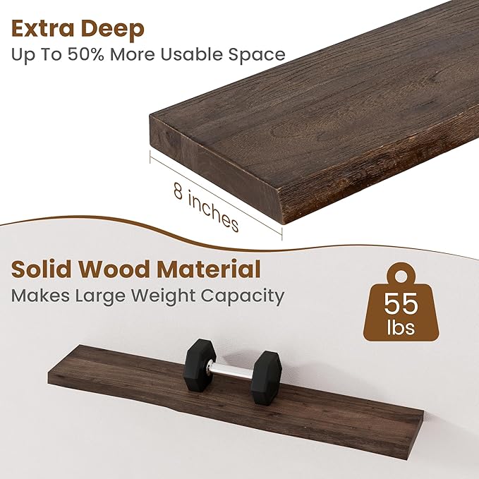 Floating Shelves for Wall Decor, Rustic Solid Elm Wood Live Edge Floating Shelves Wall Mounted, Wall Shelves with Invisible B
