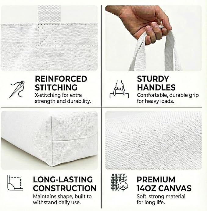 Extra Large Canvas Tote Bag - Big Reusable Grocery Shopping Heavy Duty Foldable