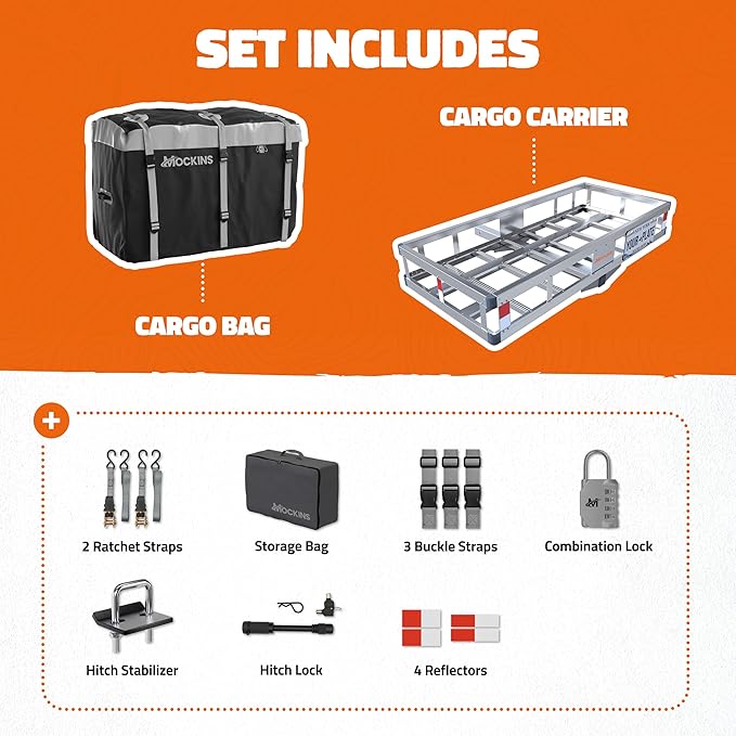 Mockins 49"x22"x7" Aluminum Hitch Cargo Carrier & 20 Cu Ft Waterproof Cargo Bag | 500 lbs. Capacity Hitch Basket | Lightweight Aluminum Cargo Carrier Kit for 2" Receivers w/Locks, Stabilizer & Straps