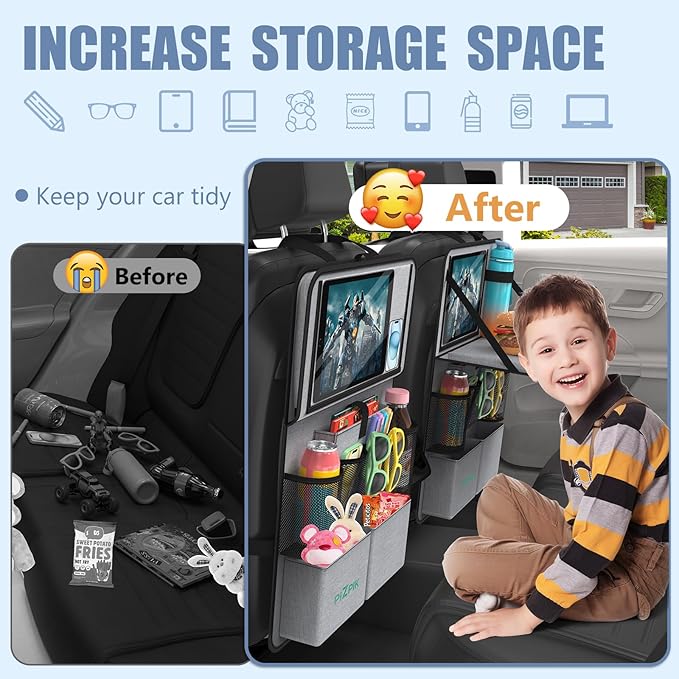 Car Backseat Organizer with Tablet Holder,11 Storage Pockets with Foldable Food Tray, Protector Kick Mats for Kids, Travel Accessories Organizer (Gray, 2Pack with Food Tray)