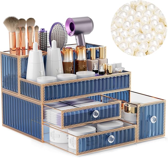 Makeup Organizer Blue - Tempered Glass Vanity Organizer for Cosmetics, Skincare, Hair Tools, Brushes, Perfume - Multipurpose 