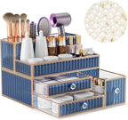 Makeup Organizer Blue - Tempered Glass Vanity Organizer for Cosmetics, Skincare, Hair Tools, Brushes, Perfume - Multipurpose 