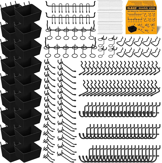 ELEAD 286-Piece Extra Thick Pegboard Hooks Set, 1/4" Heavy Duty Black Peg Board Organizer Accessories with Bins, Metal Pegboa