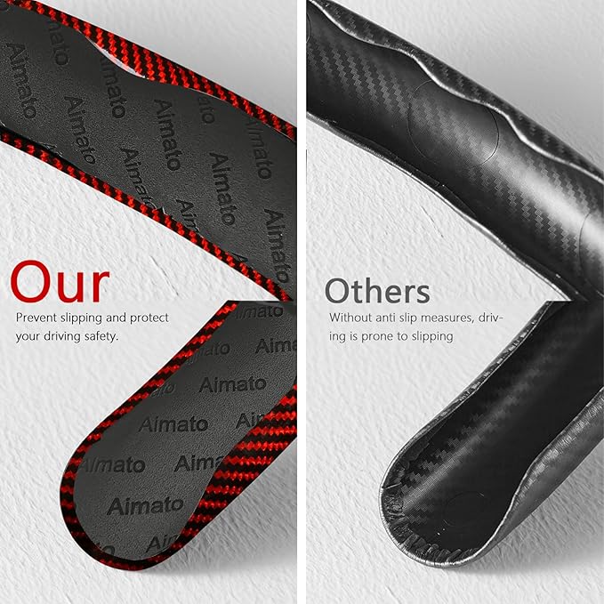 Car Steering Wheel Cover, 3 Piece Bright Carbon Fiber Steering Wheel Covers, Non-Slip Steering Wheel Cover Protector, Great Grip, Universal Car Accessories Decoration for 14.5-15 inch (Red)
