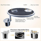 Car Food Tray & Car Table Tray with Car-Grade Aluminum Cup Holder & Phone Stand, Premium Wood with Leather Surface, 360° Rotating Car Desk for Laptop &Eating (Round, Black&Grey)