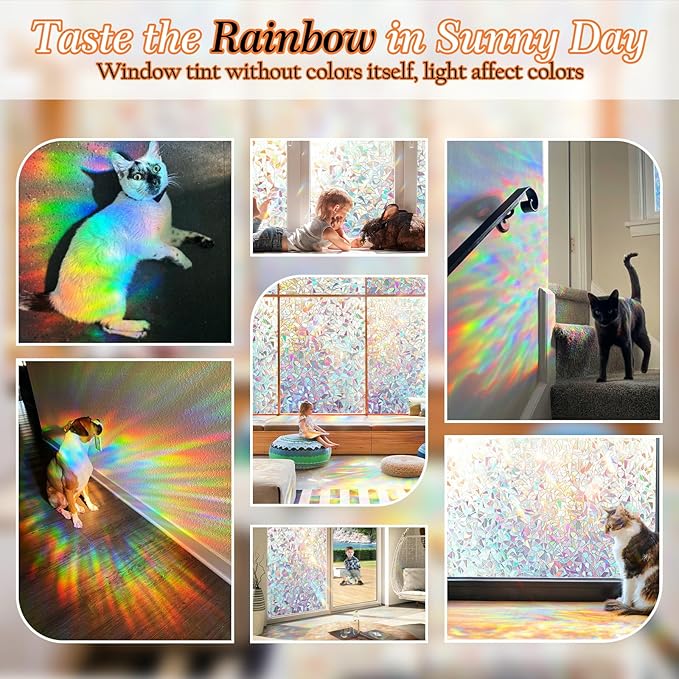 Rainbow Window Privacy Film Decorative, Stained Glass Window Tint for Home, 3D Decals Window Clings for Glass Windows, Static Cling Window Sticker, Suncatcher Window Cover, 47.2 Inch x 157.4 Inch