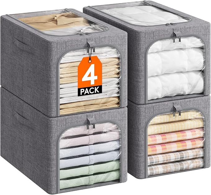 Lifewit Clothes Storage Bins with Metal Frame 4 Pack, Fabric Stackable Storage Bags with Lids, Zipper, Foldable Clost Organiz