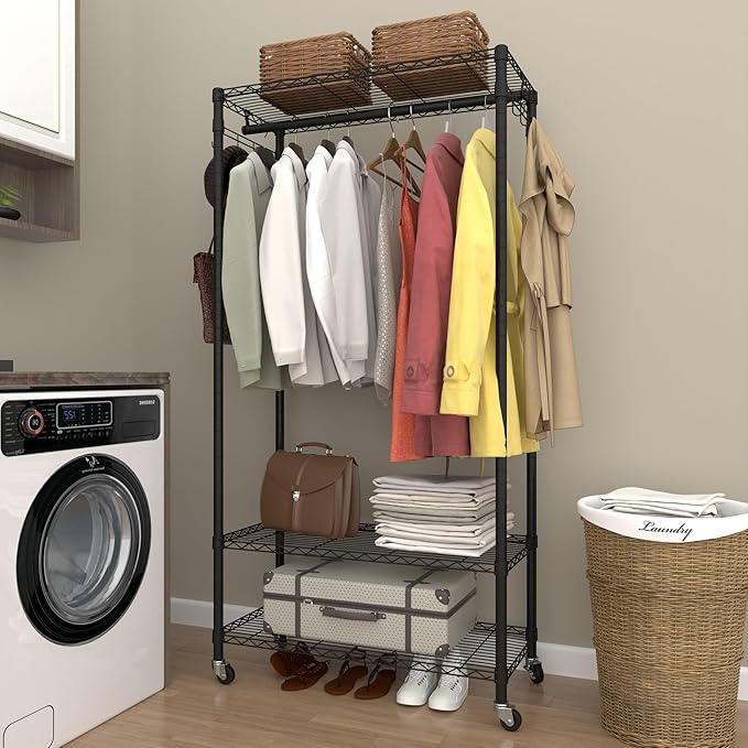 Rolling Portable Garment Rack,Freestanding Clothes Racks, Portable Closet Wardrobe with 3 Adjustable Wire shelves,2 Side Hook