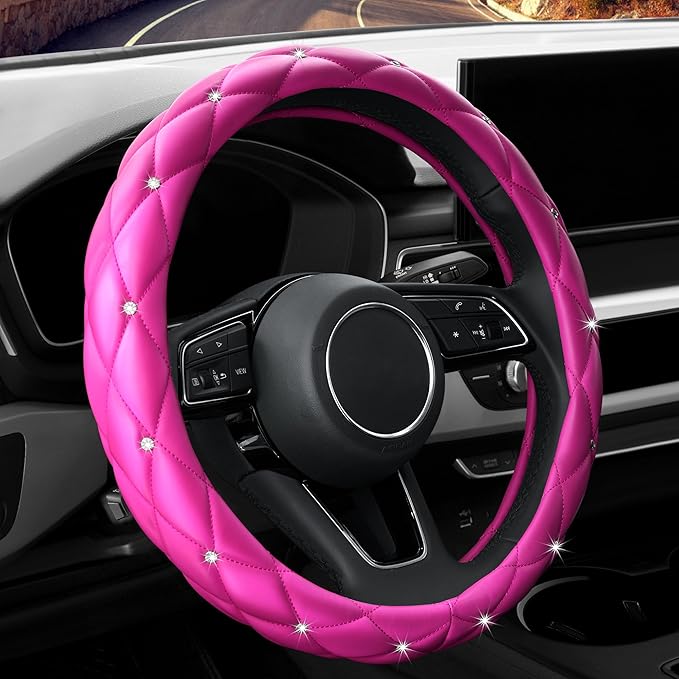 YOGURTCK Cute Diamond Soft Leather Anti-Slip Steering Wheel Cover with Bling Bling Crystal Rhinestones, Universal 15 Inch for