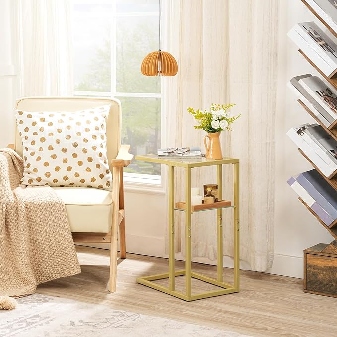 HOOBRO Floating Shelves for Wall and C Shaped End Table, 15.4" Wall Mounted Shelves Set of 2, Small Side Table for Couch, Gol