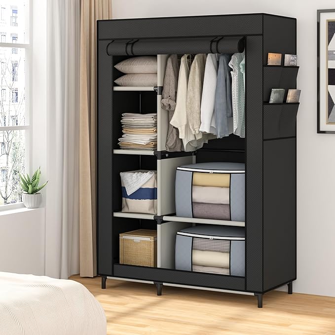 Calmootey Portable Closet, Wardrobe with 6 Shelves and Hanging Rod, Storage Organizer for Bedroom, Non-Woven Fabric Cover wit