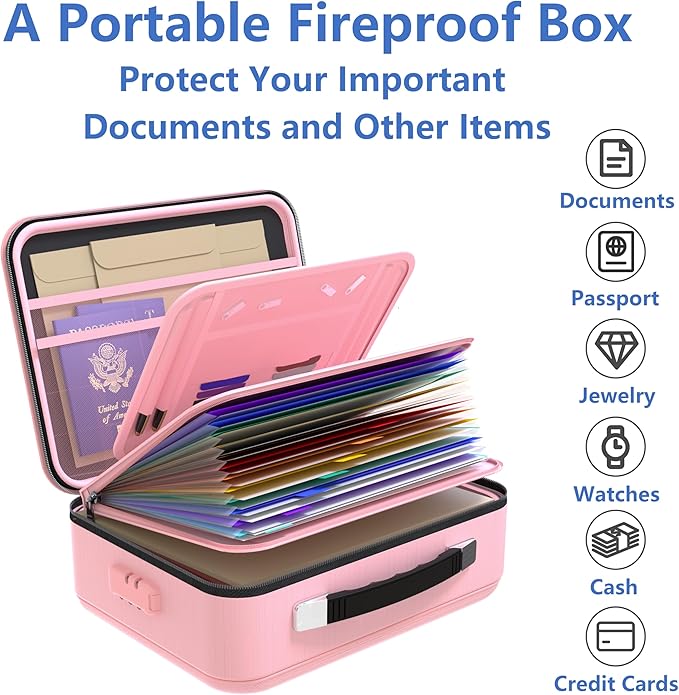 TIGERKING Fireproof Document Box Hard Shell, Fire Proof File Box for Documents with Combination Lock, File Safe Boxs Fireproo