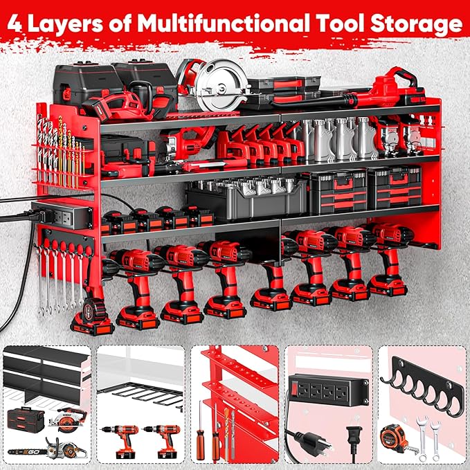 POKIPO Large Power Tool Organizer Wall Mount with Charging Station,4 Layer Heavy Duty Metal Tool Storage Shelf Loads 600lbs,B