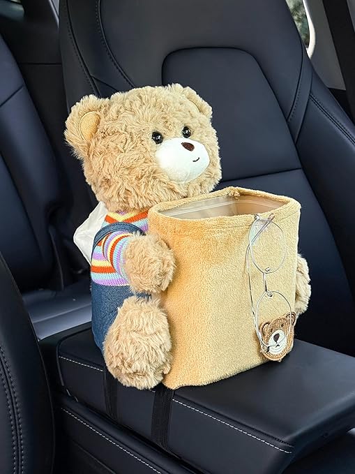 Cute Car Trash Can with Tissue Holder Teddy Bear Tissue Box Console Stuffed Animal Organizer Plush Doll Multifunctional Creative Accessories for Women Rainbow Bear