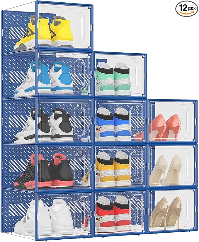 eWonLife Large Shoe Organizer Storage Box with Magnetic Door,12 Pack Clear Plastic Stackable Sneaker Containers for Closet, C