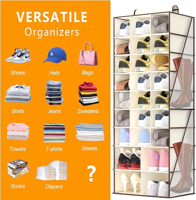 VERONLY Hanging Shoe Organizer for Closet-Collapsible Storage Rack with 25 Sections & 4 Side Pockets, Hanging Shoe Shelves fo