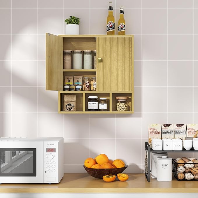 Bathroom Wall Cabinet,Wooden Medicine Cabinet with Fluted Doors Over The Toilet Storage Cabinet with Adjustable Shelf for Bat