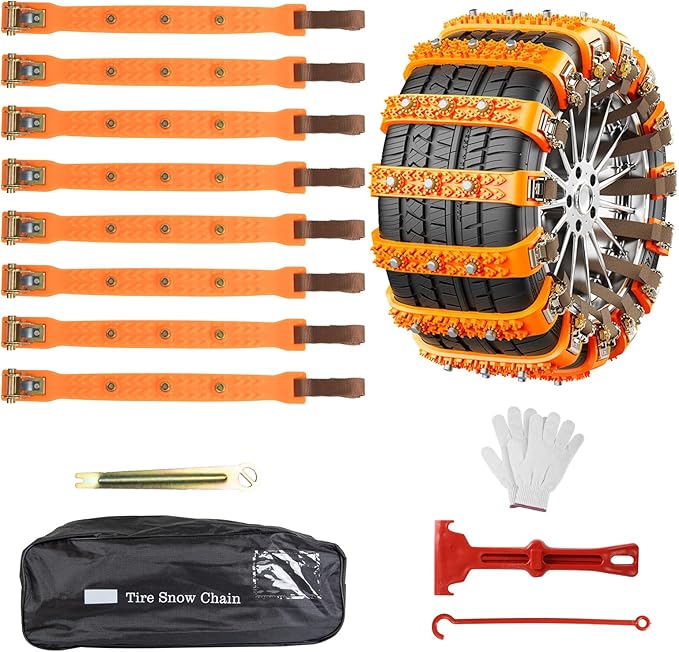 Fohil 8 Pack Snow Chains, Adjustable Portable Tire Chains for Car Truck SUV, Universal Thickened Emergency Snow Tyre Chains (