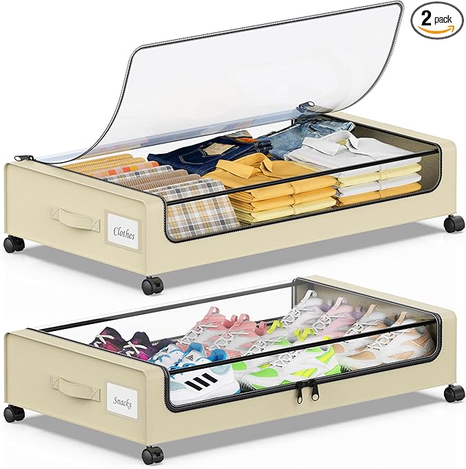 Beborxue Under Bed Storage with Wheels, 2-Pack Under the Bed Storage Containers with Lids, XXL 60L Under Bed Shoes Storage Or