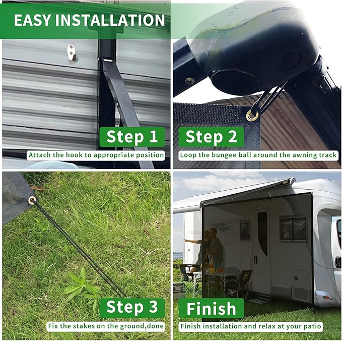 RV Awning Side Shade Screen 9'x 7' Breathabe Black Mesh Sunshade for Camper Trailer Canopy, UV Sun Blocker Complete Kits