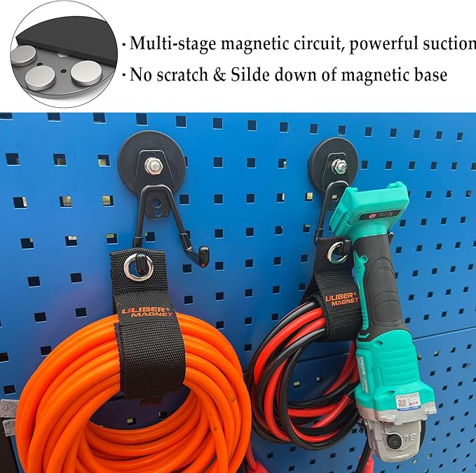ULIBERMAGNET Heavy Duty Magnetic Garage Hooks,4 Pack Strong Large Magnet Hook for Power Drill,Garden Tools,Hose,Pegboard,Gara