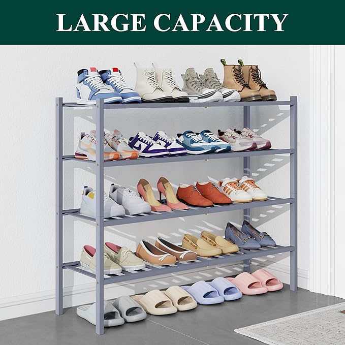 Smiry Bamboo Shoe Rack for Closet, 4 Tier Long Wooden Stackable Shoe Organizer, Free Standing Shoes Storage Shelf for Entrywa