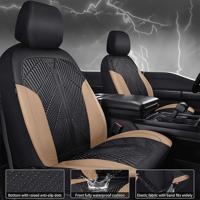 CAR PASS Waterproof Black Beige Car Seat Covers Front Seat Covers Neoprene Wetsuit,All-Weather Non-Slip Durable,Universal Fit
