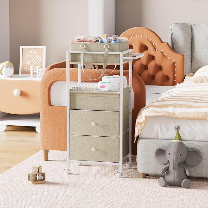 Modanais Baby Diaper Caddy Organizer Cart with Drawers - 3In1 Rolling Storage Cart with Wheels, Removable Diaper Caddy, Detac