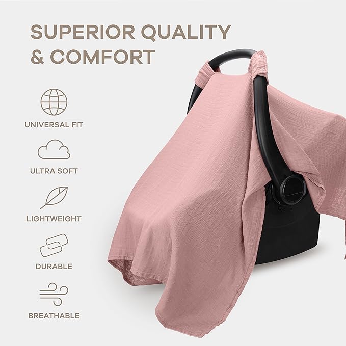 Comfy Cubs Baby Car Seat Cover - Soft, Breathable Bamboo Rayon and Muslin Cotton Blend - Lightweight Canopy for Sun, Bug, and