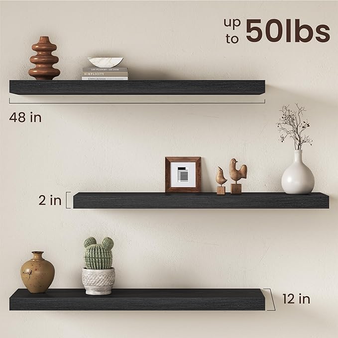 Black Floating Shelves 48Inch Long, 12 Inch Deep Floating Shelves for Wall, 48 x 12 Large Floating Shelf for Fireplace Mantel