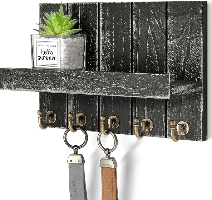 Rebee Vision Pine Wood Key Holder Wall Mount with Shelf – Farmhouse Key Holder for Wall & Sunglass Organizer for Entryway – P