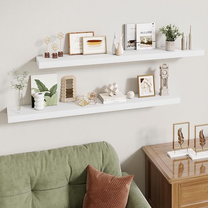 48 Inch Floating Shelves | 6.5 Inch Deep White Floating Shelves Set of 2 | 48" W x 6.5" D Rustic White Wood Wall Shelves with