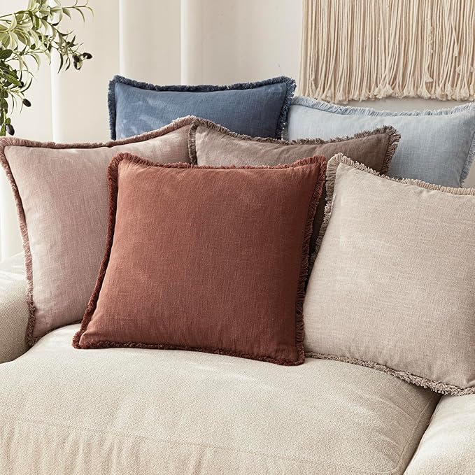 Foindtower Set of 2 Decorative Linen Fringe Throw Pillow Covers Boho Farmhouse Cushion Cover with Tassels Soft Accent Pillowc