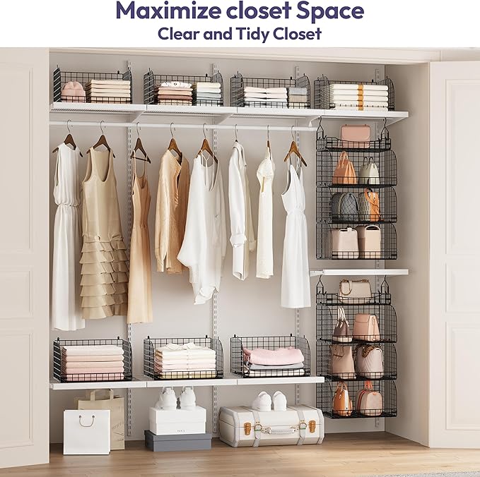 SWTYMIKI Hanging Closet Organizer Storage - 4 Tier Metal Stackable Hanging Closet Shelves with Dividers and S Hooks, Foldable