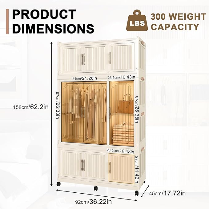 Portable Closet Wardrobe with Magnetic Doors, Foldable Armoire Wardrobe Closet with 1 Hanging Rod, 9 Cubes and 6 Hangers, Clo
