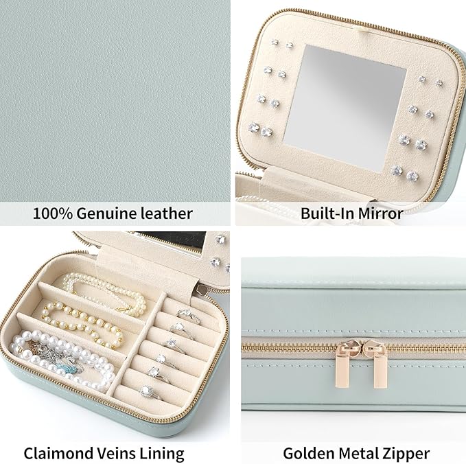 Genuine Leather Travel Jewelry Organizer Case with Mirror for Women, Small Mini Portable Jewelry Box for Ring Earrings Neckla