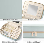 Genuine Leather Travel Jewelry Organizer Case with Mirror for Women, Small Mini Portable Jewelry Box for Ring Earrings Neckla