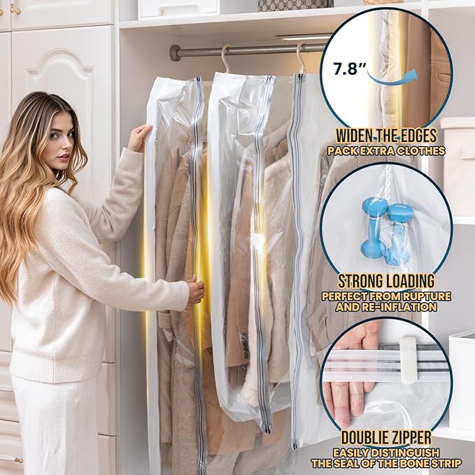 TAILI Hanging Vacuum Sealer Storage Space Saver Bags for Clothing, Suits and Jackets, Closet Organizers, Wider Sides (3 Long,