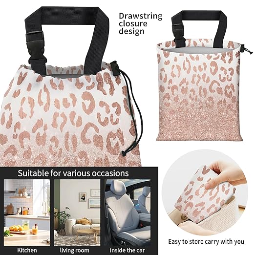 Car Trash Bag Large Hanging Can for Back of Seat, Cute Waterproof Car Garbage Bag for Vehicle, Travelling, Outdoor Luxury Glitter Pink Leopard