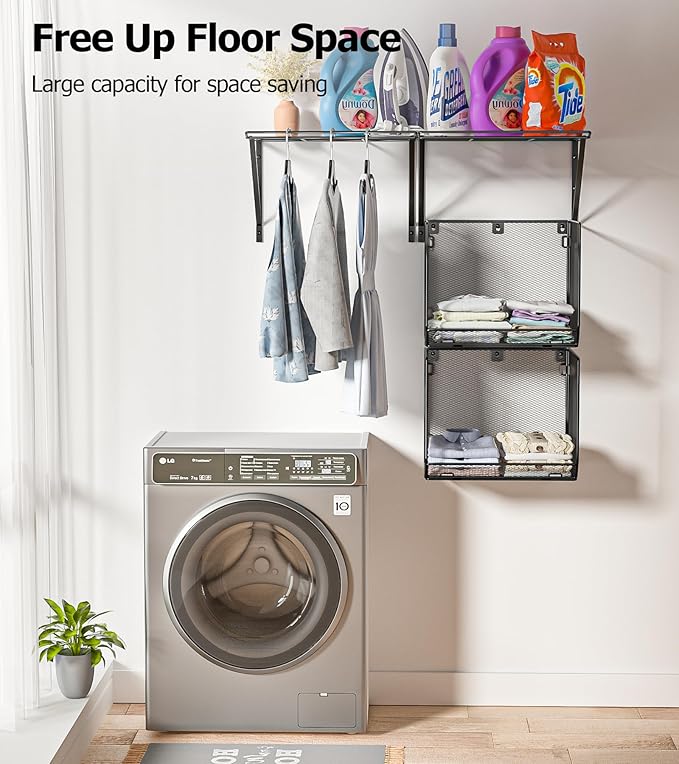 2 Pack Laundry Room Shelves Organization And Storage,Wall Mounted Clothes Drying Rack With Wire Mesh Basket Over Washer And D