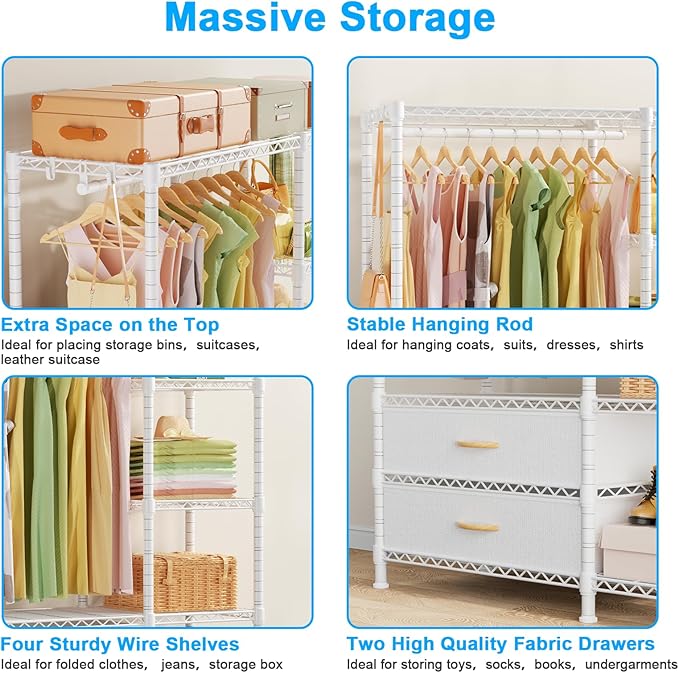 Ulif F3 Heavy Duty Clothes Rack（With Fabric Drawers）Freestanding Clothing Racks for Hanging Clothes，Adjustable Closet Organiz