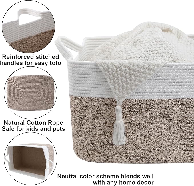65L Large Blanket Basket,21"x16"x12" Rectangle Storage Bin with Handles,Woven Rope Laundry Basket for Toys, Clothes,Pillows,M