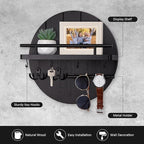 Nekon Rustic Key & Mail Organizer, Circular Wooden Key Hanger with 6 Hooks & Shelf - Wall Mount Entryway Hallway Kitchen (Bla