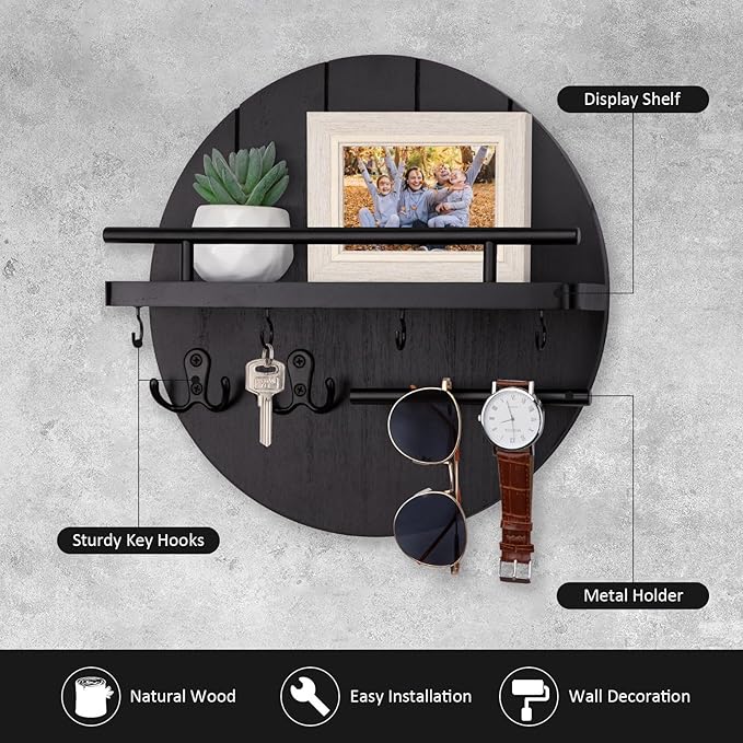 Nekon Rustic Key & Mail Organizer, Circular Wooden Key Hanger with 6 Hooks & Shelf - Wall Mount Entryway Hallway Kitchen (Bla