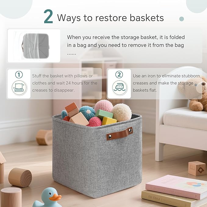 FinishingBo Cube Storage Baskets 6 Pack, 11x11 inch Cube Storage Bins with Leather Handles for Shelf Closet (Gray)